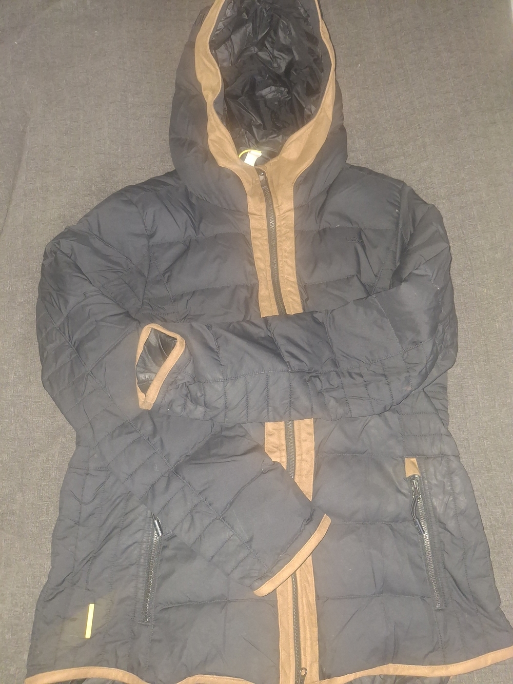 Lole Black Hooded Puffer Jacket with Tan Trim